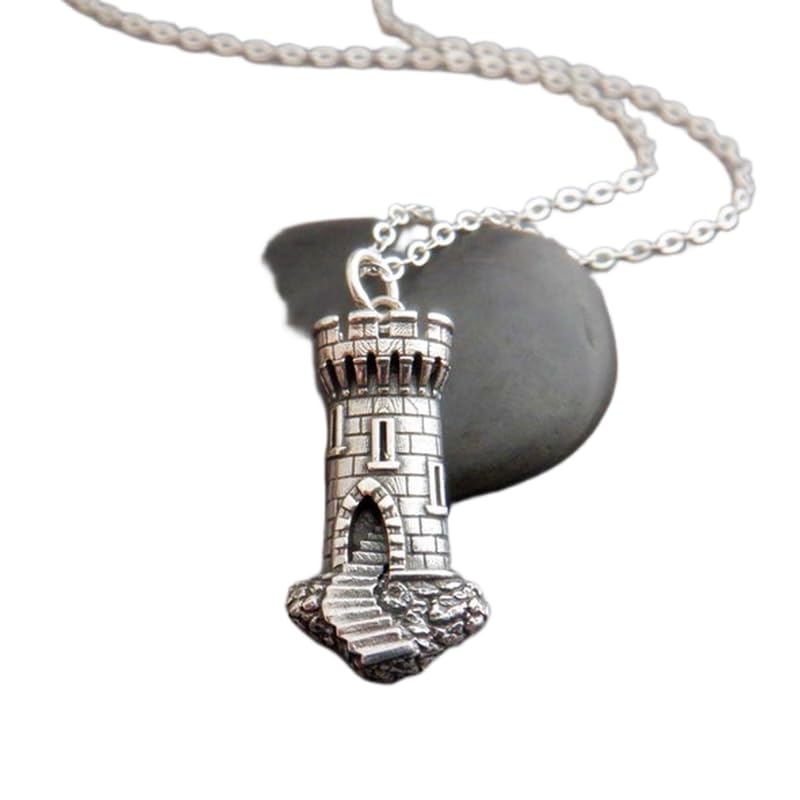 Colgante torre de piedra medieval en plata antialérgica que no mancha la piel 45cm