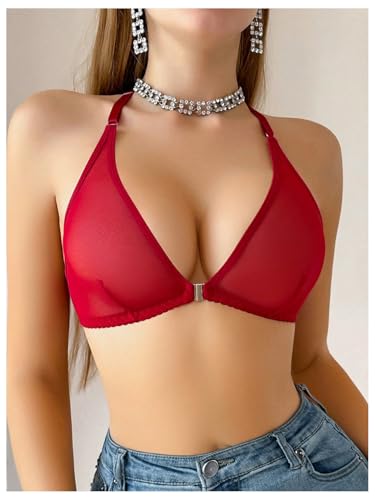 Image of SOLY HUX Women's Sheer Mesh Through Bra Sheer Bralette Front Closure Deep V Neck Wireless Lingerie Sexy Lingerie Bra