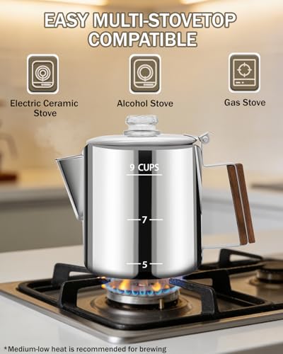 Image of Coffee Maker Coffee Percolator 304 Stainless Steel Pot Stovetop Easy Brewing Even Heating 9 Cup 50.7oz 1500ml Silver Classic Design Heat Resistant Home Camping Outdoor