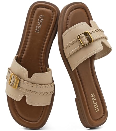 Image of UBFEN Womens Square Toe Flat Sandals Slides Dressy Comfortable for Beach