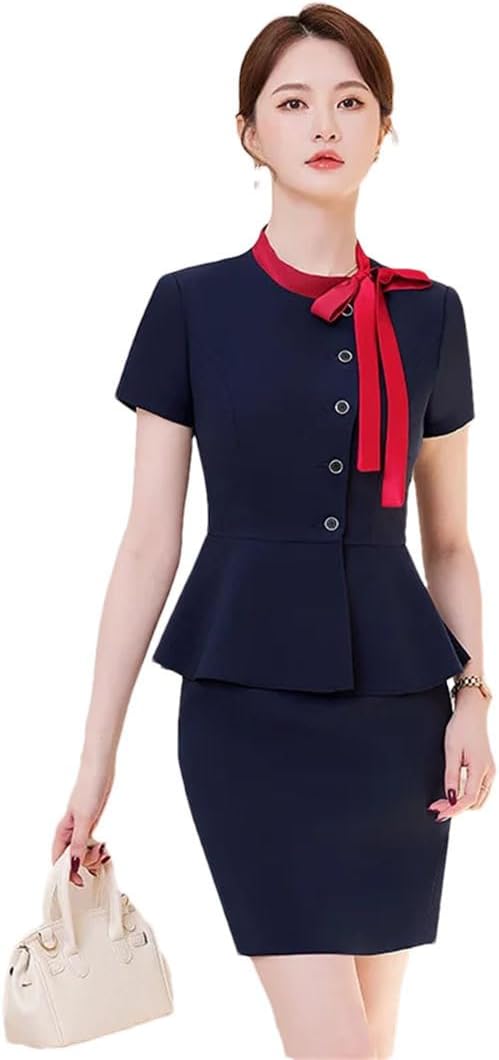 Women's Spring and Summer Round Neck Single Breasted Solid Color Suit Jacket and Skirt Set