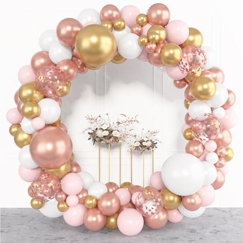 Amandir 153pcs Rose Gold Balloon Garland Arch Kit, Different Sizes 18 12 10 5 inch Rose Gold Pink White Gold Latex Metallic Confetti Balloons for Girls Birthday Bridal Baby Shower Party Decorations