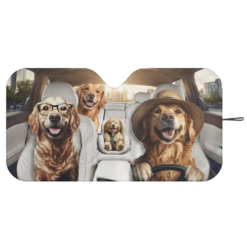 Image of Car Windshield Sunshade - Foldable Funny Golden Retriever Driving Car Windshield Sun Shade for Front Window for Most Sedans SUV Truck - Auto Sun Heat and UV Rays Blocker