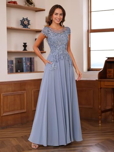 Image of Lace Applique Chiffon Mother of Bride Dresses - Short Sleeve Pleated Long Mother of The Groom Dress