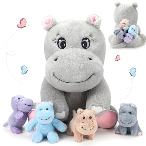 Image of HyDren 5 Pieces Hippopotamus Stuffed Animals Plush Toys - Large Mom Hippo Stuffy with 4 Small Baby Hippo Plushies in Her Tummy on Valentines Day Easter Birthday Exchange Gifts for Kids Boys Girls