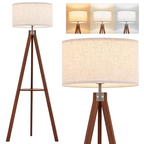 ELYONA Mid Century Floor Lamp with 3 Color Temperatures LED Bulb, Modern Wood Tripod Table Reading...