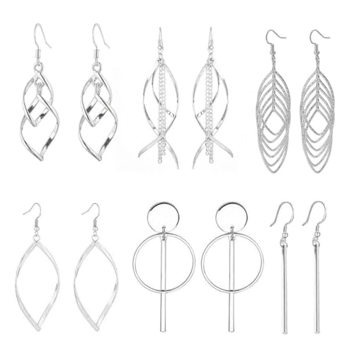 LEEQBCR 6 Paires de Boucles d'Oreilles Bohémiennes pour Filles en Acier Inoxydable Bijoux Fantaisie Tassel Leaf Wave (Argent)