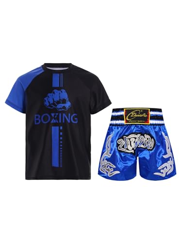 Jowowha Kinder Jungen Boxing Kleidung Trainingsanzug Muay Thai Boxing Shorts + T-Shirt Sportanzug MMA Kampfsport Kickboxing Boxing Set A Blau 110-116