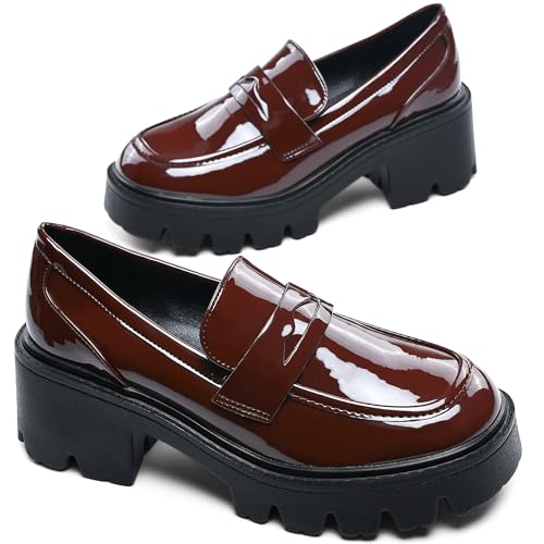 Image of Black Penny Loafers for Women - Women's Slip-On Platform Patent Leather Loafers, Chunky Comfort Shoes for Work & Dressy Occasions
