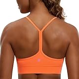 CRZ YOGA Butterluxe Womens Y-Back Racerback Sports Bra - Spaghetti Straps Wireless Scoop Neck Athletic Padded Yoga Bra Neon Orange Medium