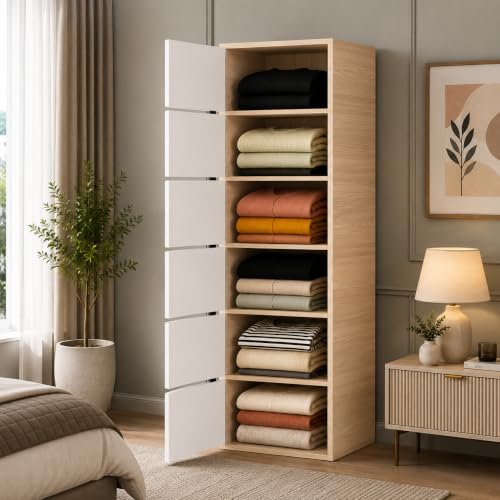 EXVITO Modular Plastic Wardrobe for Bedroom | Foldable Cupboard with Hanging Rod | Stackable Storage Almirah for Clothes with Wheels | Multi-Layer Plastic Storage Cabinet (Beige, 6 Door)