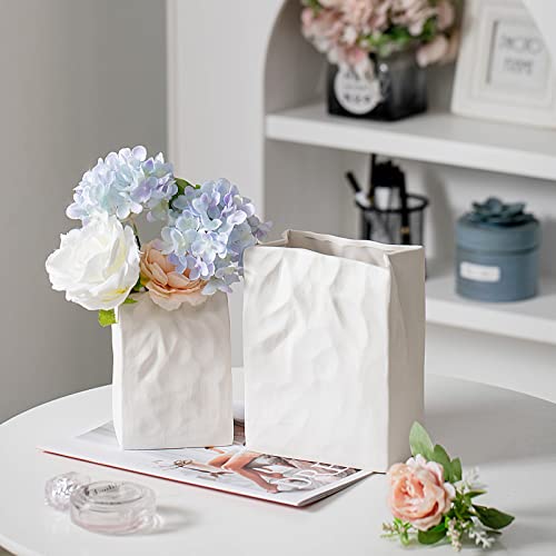 Levvohd White Crinkle Paper Bag Ceramic Vase, Unique Square Wide Mouth Pleated Big Vases, Aesthetic Minimalist Boho Vase For Modern Trendy Home Dining Room Table Centerpiece Decor (L5.5 In X H7.5 In) #TOP3