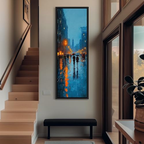Toile verticale allongée sous la pluie 45x135cm tableau paysage urbain bleu encadré YUSUZHU
