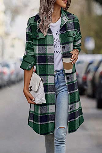 Prettygarden Women's Plaid Shacket 2023 Long Sleeve Button Up Flannel Shirt Winter Tartan Jacket Woolen Coats (Dark Green,X-Large) #TOP4