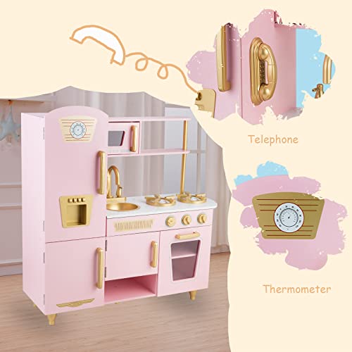 WoodenEdu Kitchen Playset for Kids Ages 3-8, Wooden Pretend Play Kitchen, Including Telephone, Ice Maker, Refrigerator, Dimensions: 35” H x 31” W x 12” D (Pink)
