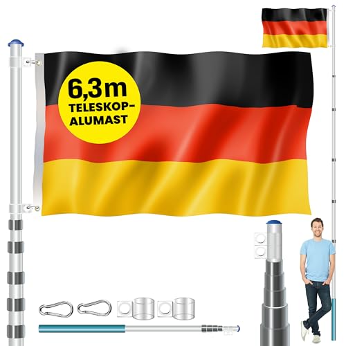 MONZANA® Aluminium Teleskop Fahnenmast 6,30m Bodenhülse 60cm inkl Deutschlandfahne Flaggenmast Mast Flagge Alu