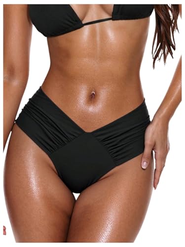 SHENHE Womens V Cut High Leg Ruched Mid Rise Bikini Bottom Swimwear Bathing Suit Black Medium