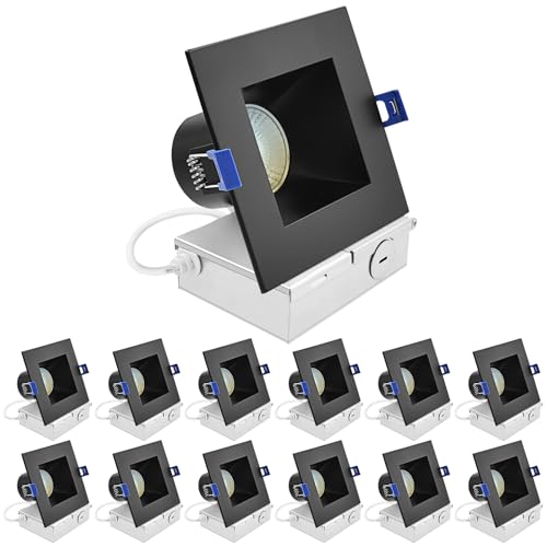 LUXRITE 4 Inch Square LED Recessed Ceiling Light with J-Box, CRI90, 12W, 5CCT Selectable 2700K-5000K, 840 Lumens, Dimmable Canless Downlight, Wet Rated, IC Rated, ETL, Black Trim (12 Pack)