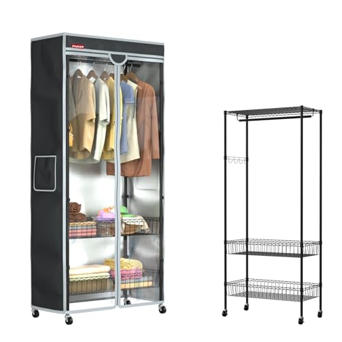 ZOYOYES Garment Rack with Heavy Duty 600D Oxford Fabric Cover, Metal Clothes Rack on Wheels with 2 Storage Baskets & Side Hooks, Rolling Wardrobe Closet Organizer, Black, 31.5" W x 15.8" D x 72.1" H