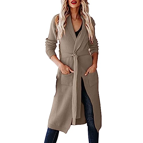 Damen Lange Strickjacke mit Gürtel V-Ausschnitt Langen Ärmel Lässig Bequem Cardigan Elegant Open Front Bequem Strick Mantel