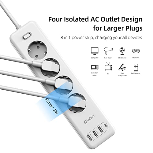 Unidapt Listwa zasilająca USB-C z 4 portami Smart USB (3,4 A / 15 W), listwa zasilająca USB-C do montażu na ścianie (2500 W/10 A) z zabezpieczeniem przed przeciążeniem i ochroną przed dziećmi, listwa