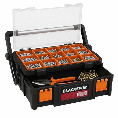 2 Tier 18'' Cantilever Tool Storage Box Organiser Carry Case Trays Screws Nails, Plastic Storage Folding Toolbox with Metal Carry Handle