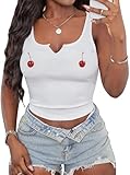 LovelyWholesale Ribbed Tank Tops for Women Graphic Crop Tops V Neck Shirts Clubwear White Two Cherry Small
