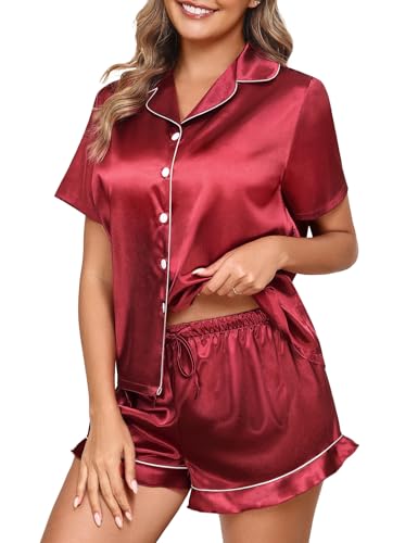 Niwicee Pyjamas for Women Silk Satin Pyjama Short Sleeve Bride Pjs Set Two Piece Pj Sets Button Down Loungewear Sleepwear Ladies Nightwear (Burgundy, L)