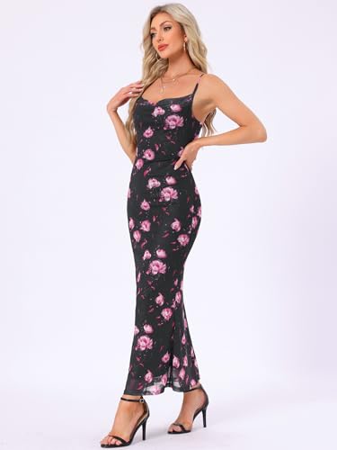 Allegra K Women's Mesh Floral Maxi Dress Wedding Guest Spaghetti Strap Bodycon Cocktail Dresses2