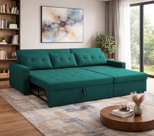Image of Emilio 4 Seater RHS L - Shape Pull-Out Sofa Cum Bed Sofa for Living Room (Pine Fabric Color) Premium Fabric Sofa Set for Living Room Sofa Cum Bed