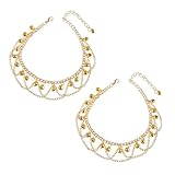 Niaspi Jingling Bell Beaded Tassel Anklet Bracelet for Women Boho Silver Bells Sounds Bead Adjustable Layered Indian Jingle Vintage Ankle Barefoot Sandals Feet Foot Chain Summer Beach Jewelry(Gold)
