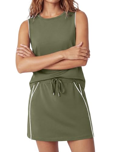 Casly Lamiit Womens 2 Piece Skort Set Summer Lounge Tennis Skirt Set Active Resort Wear Spring Break Short Skirt Dress Striped Sweatsuits Army Green L