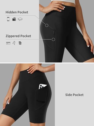 High Waisted Biker Shorts for Women with 3 Pockets, Butter Soft Tummy Control Squat Proof Workout Shorts-Black-S — view 4