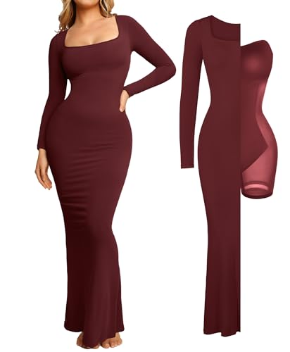 Image of Popilush Long Sleeve Formal Dress with Built in Shapewear Bra Maxi Dress | Light Tummy Control, Square Neck, Floor Length, Removable Cups, Wedding Guest Evening Bodycon Dress