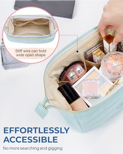 BAGSMART Makeup Bag Travel Toiletry Bag, Puffy Padded Make Up Bags for Women Makeup Organizer Case, Wide-open Pouch Purse Travel Essentials Toiletries Accessories Brushes, Light Blue3
