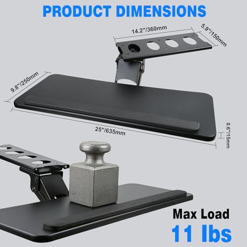Keyboard Tray Under Desk,Adjustable for Height and Tilt, Adjustable Computer Keyboard & Mouse Platform Tray,25\"W x 9.8\"D Surface, Ideal for Home and Office Use