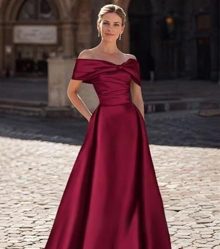 Satin Mother of The Bride Dresses Off Shoulder with Pockets Tea Length A-Line Formal Prom Evening Gowns with Bow3