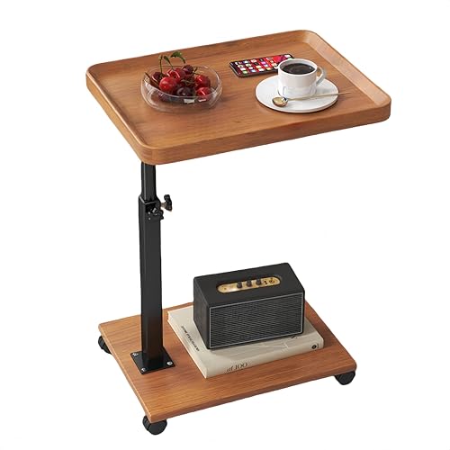 Tyoksiサイドテーブル ベッドサイドテーブル 小物置き ベッドサイドテーブル ダイニングテーブル シンプルテーブル キャスター付き 角丸 木目天板 二層収納 転倒防止 高さ調節可能 U字型 移動しやすい 小型 コンパクト おしゃれ (オリジナルの木の色