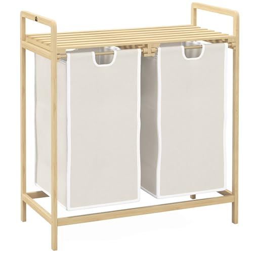 HOMCOM Panier à linge panier de rangement corbeille à linge bac linge sale en bambou 2 paniers amovibles et coulissants en non-tissé - 63,5 x 33 x 73 cm crème