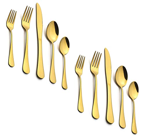 Image of Gold Silverware Set, Gold Flatware Set for 4, Stainless Steel Tableware Cutlery Set, Utensil Sets for Kitchen, Forks and Spoons Silverware (Gold, Set of 10)