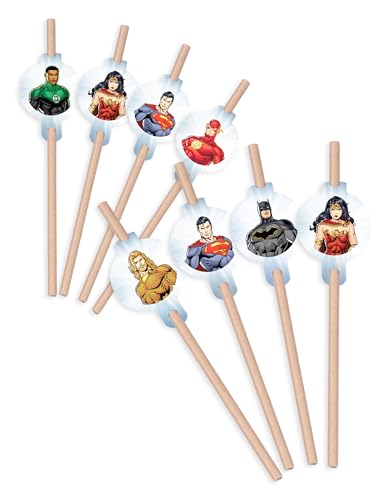 8 pailles médaillon en carton Justice League 20cm - Multicolore