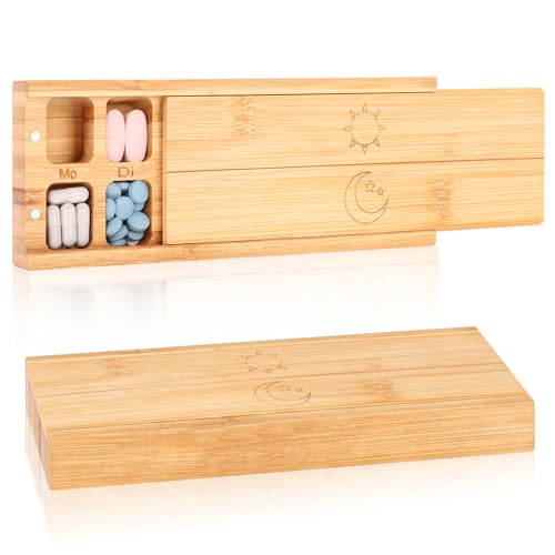 Bambus Medikamentendispenser 7 Fächer mit Magnetischem Deckel Tablettenbox 7 Tage Morgens Abends Holz Pillendose 7 tage Pillenbox Supplement Box ästhetik für Nahrungsergänzungsmittel Vitamine Pillen
