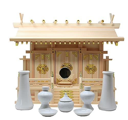 松山神仏具店 神棚 通し屋根三社 中 神具 神鏡セット 雲シール付き 日本製 国産 檜 桧 ひのき 幅59cm 高47cm 奥24cm