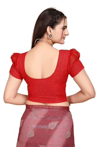 Image of SFT Women's Organza Patch Readymade Saree Blouse with Round Neck Half Sleeves Abstract Pattern Pull On Closure Regular Fit and Standard Length