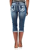 Flamingals Women's Capri Jeans Mid Waisted Stretchy Wash Skinny Leg Embroidered Ripped Denim Pants Navy Blue S