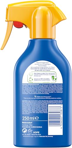 NIVEA SUN Kids Schutz & Pflege Sonnenspray LSF 50+, hoher Sonnenschutz mit Panthenol, Vitamin C und E, extra wasserfestes Sonnencreme Spray für empfindliche Haut (250 ml)