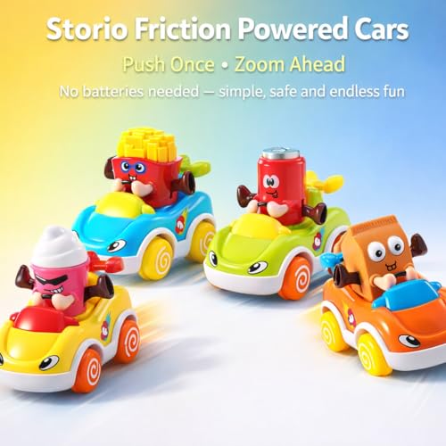 Image of Storio Pack of 4 Foodie Toy Cars | Friction Powered Push and Go Vehicles | Educational Baby Cars for 1-3 Years | Cartoon Themed Mr Chips, Mr Milk, Mr Coca, Mr Icecream