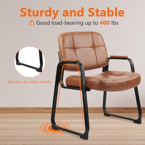 Image of CLATINA Big & Tall Waiting Room Guest Chair Comfortable Reception Chairs with Bonded Leather Padded Arm Rest and Sled Base for Office Reception Lobby and Conference Desk, Brown(2 Pack)