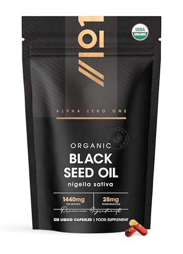 Organic Black Seed Oil Capsules 1440mg - 120 Vegan Softgels - High Strength 3X% Thymoquenine - Ethiopian Nigella Sativa - 2 Months Supply - Cold Pressed Virgin Oil - by Alpha01
