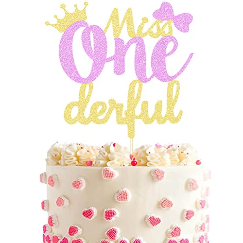 Miss Onederful Cake Topper Pink and Gold 1st Birthday Cake Dcor Wonderful One Cake Topper for Girl 1st Party Supplies